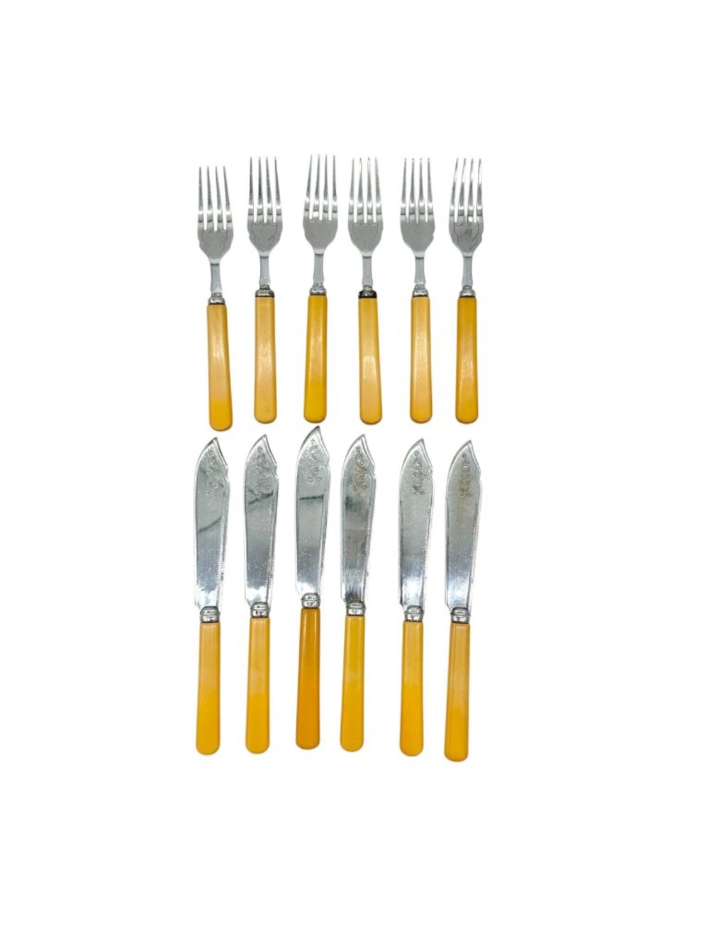 Vtg British Made Stainless Chrome Cutlery Set Yellow Handles 6 Knives 6 Forks